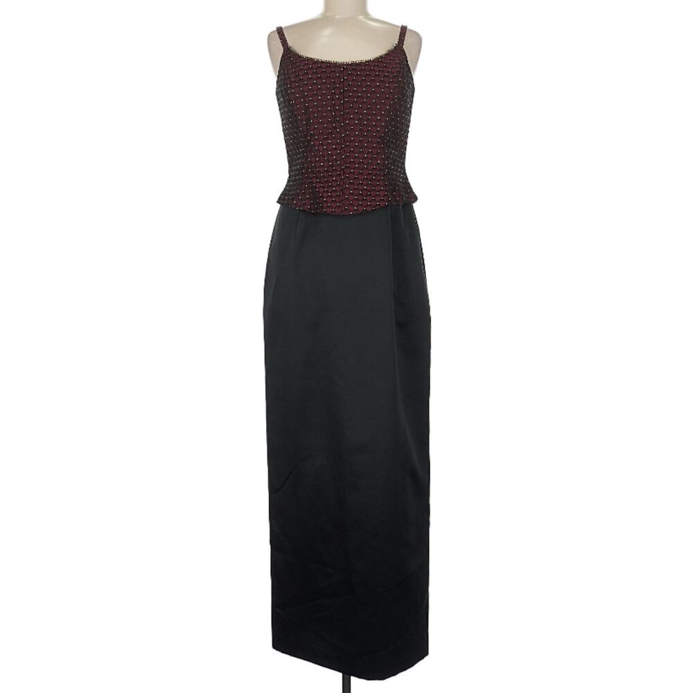 Jessica McClintock Gunne Sax Vintage Burgundy Black Harlequin Corset Gown 9 S-M
